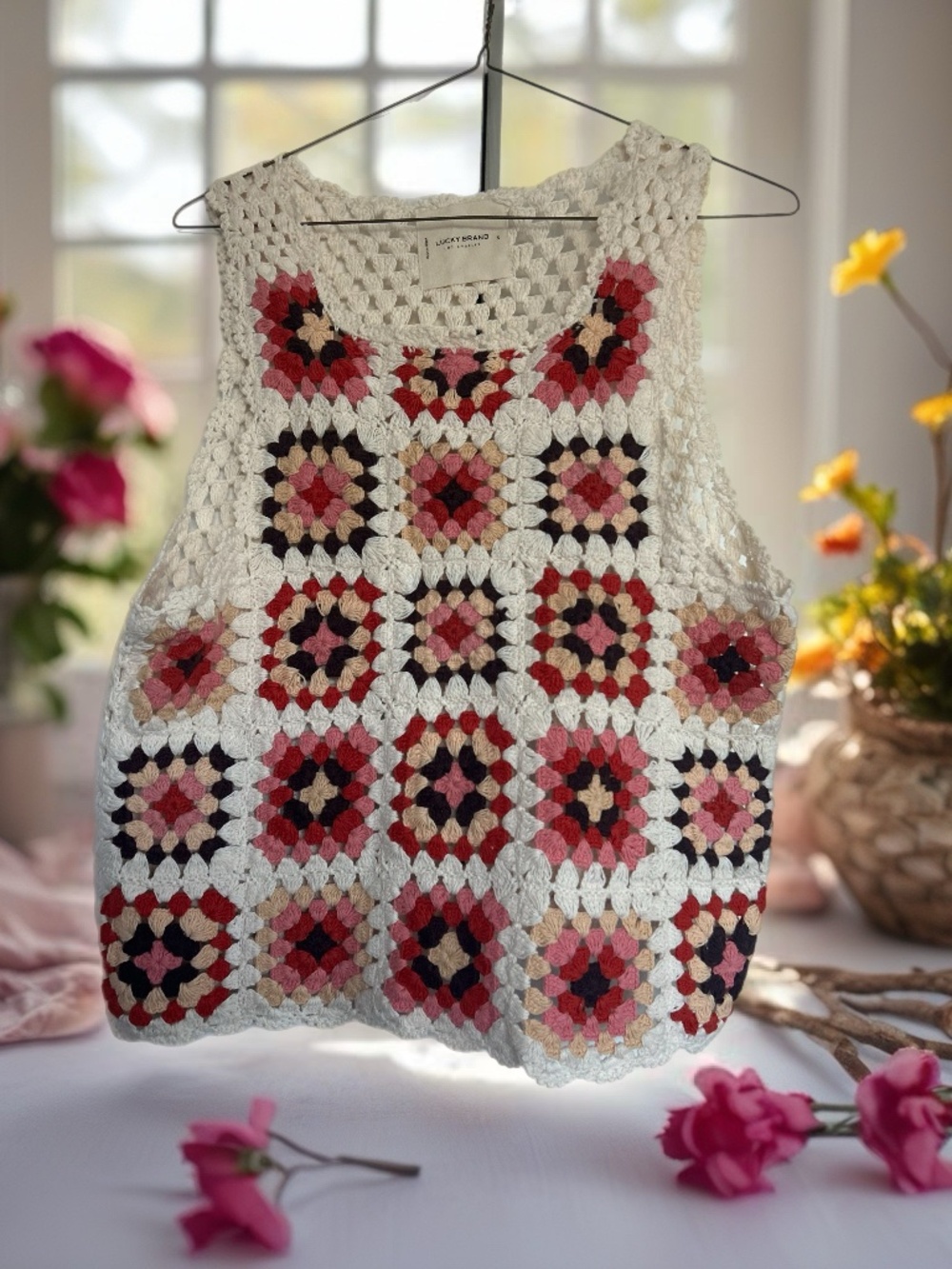 Lucky Brand Crochet Vest Top Small Red, Pink & Black - Picture 3 of 8